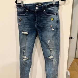 Express Women's Distressed Skinny Jeans with Floral Jewel Accents - Blue